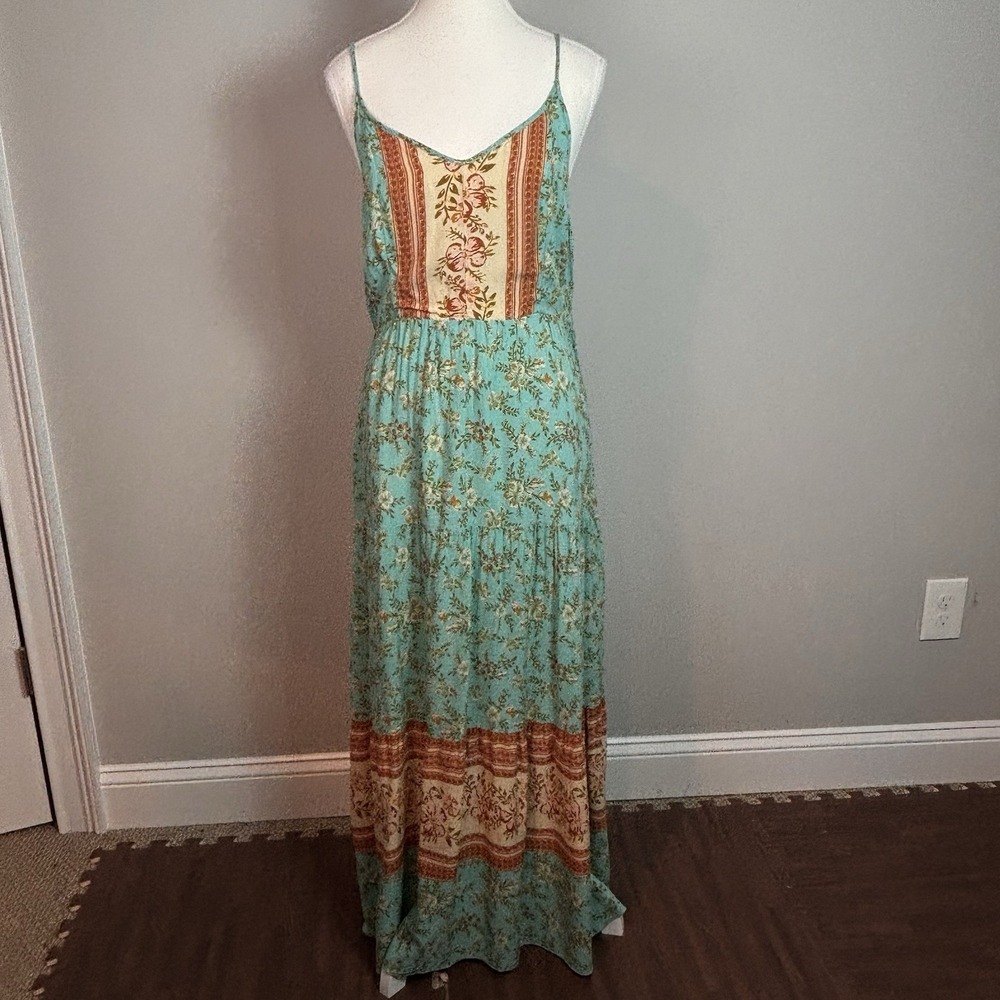 Kirundo Women's Turquoise Floral V-Neck Spaghetti Strap Smocked Maxi Dress Lg